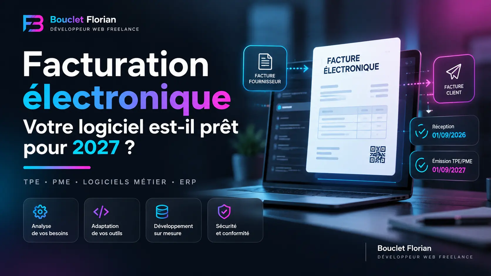 Illustration de la facturation électronique, avec les échanges entre fournisseur et client et les échéances de 2026 et 2027.