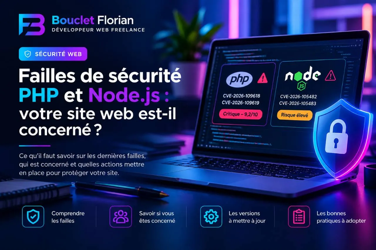 Illustration de sécurité web montrant les failles PHP et Node.js sur un ordinateur portable avec un bouclier de protection.